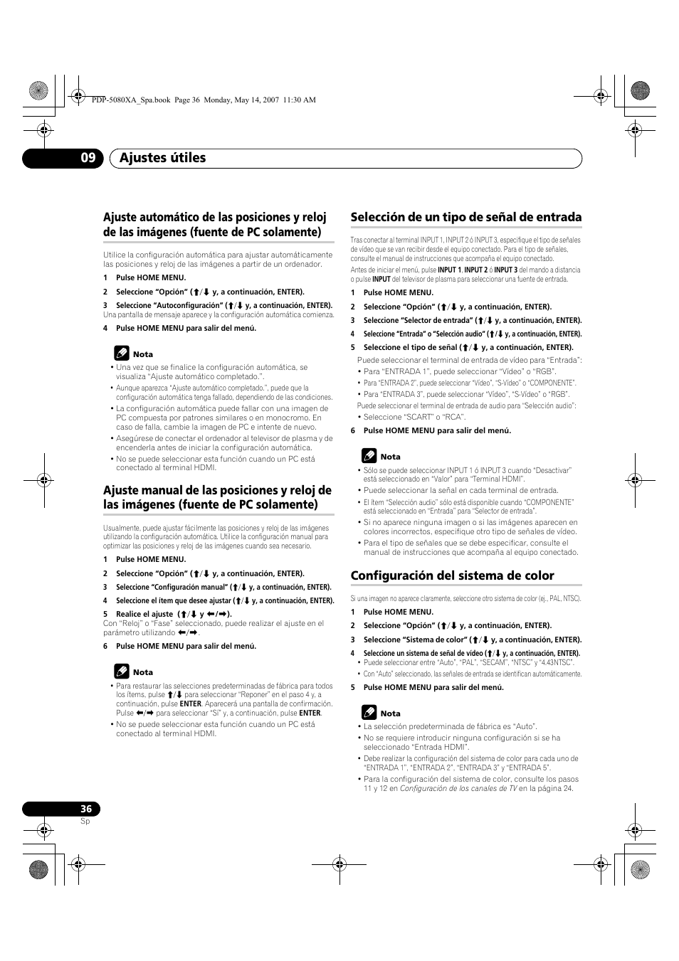 Ajustes útiles 09, Selección de un tipo de señal de entrada, Configuración del sistema de color | Pioneer PDP-4280XA User Manual | Page 336 / 364