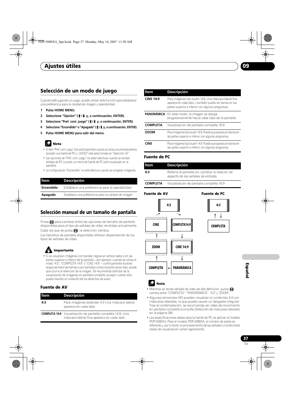 Ajustes útiles 09, Selección de un modo de juego, Selección manual de un tamaño de pantalla | Pioneer PDP-4280XA User Manual | Page 337 / 364