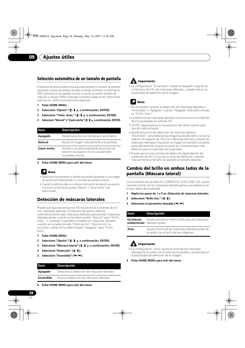 Ajustes útiles 09, Selección automática de un tamaño de pantalla, Detección de máscaras laterales | Pioneer PDP-4280XA User Manual | Page 338 / 364
