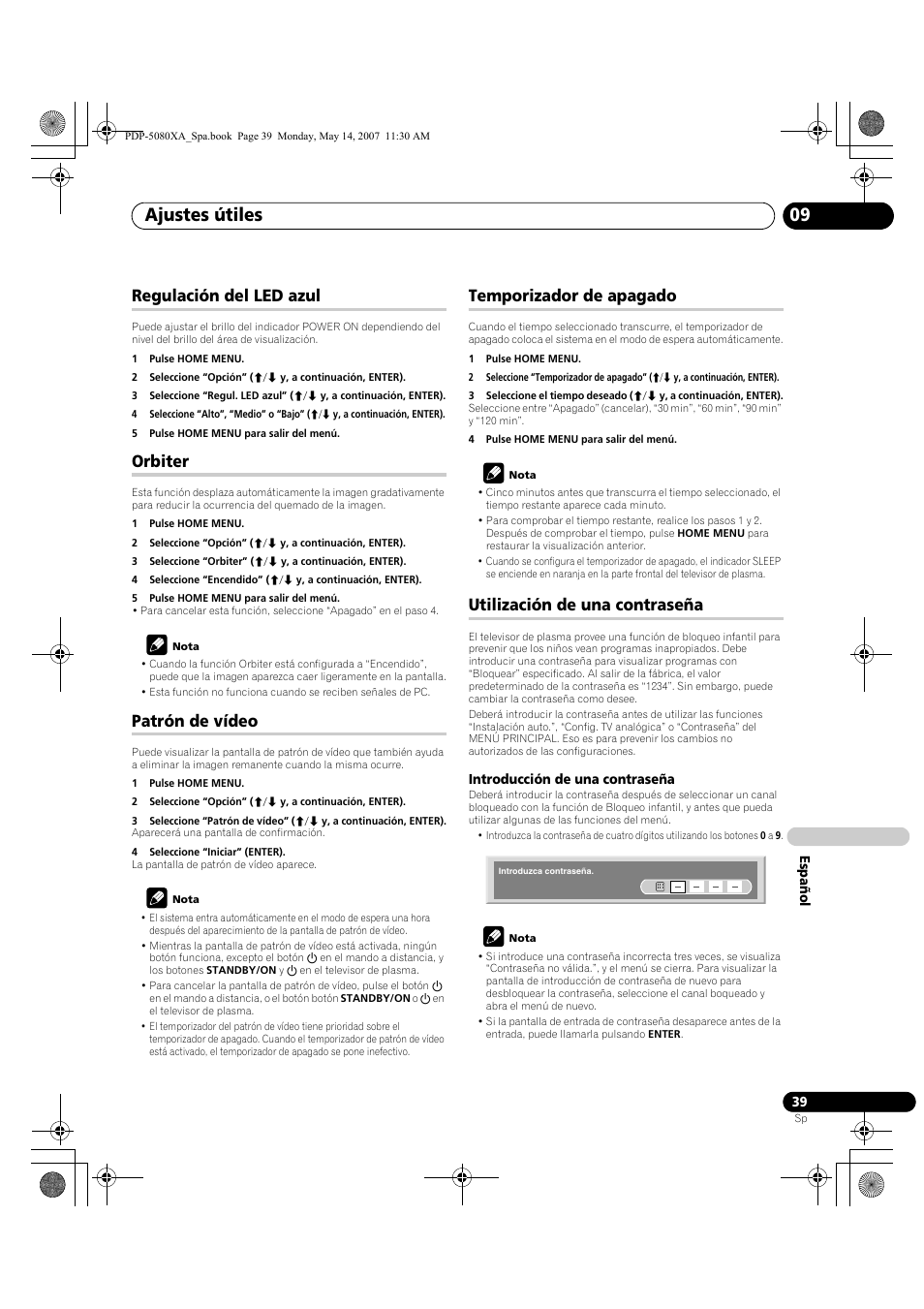 Ajustes útiles 09, Regulación del led azul, Orbiter | Patrón de vídeo, Temporizador de apagado, Utilización de una contraseña | Pioneer PDP-4280XA User Manual | Page 339 / 364