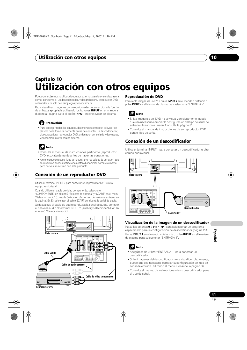 Utilización con otros equipos, Utilización con otros equipos 10, Capítulo 10 | Conexión de un reproductor dvd, Conexión de un descodificador | Pioneer PDP-4280XA User Manual | Page 341 / 364