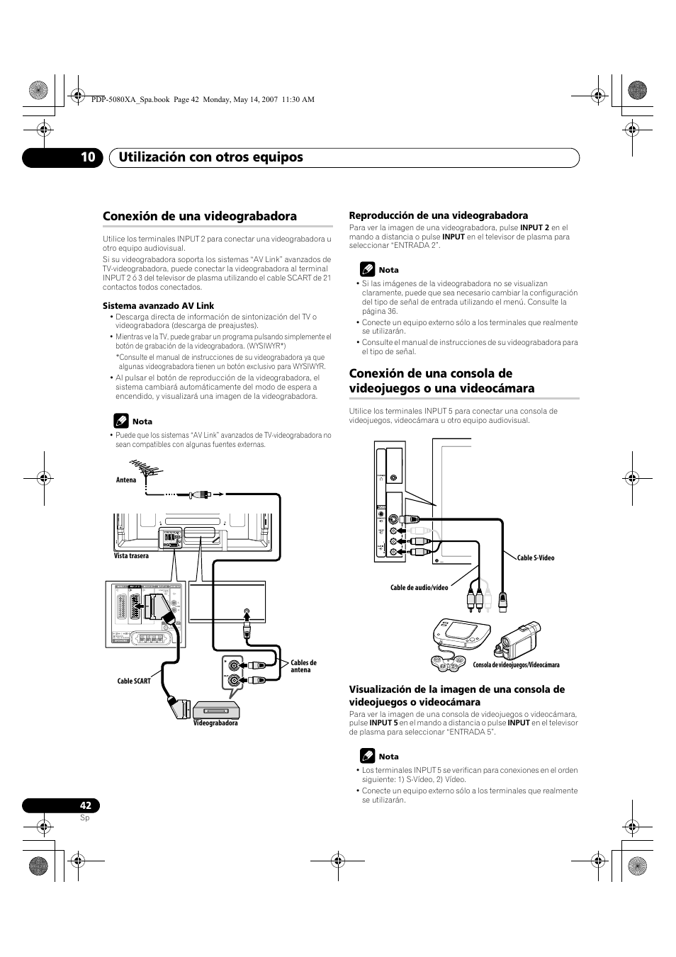 Utilización con otros equipos 10, Conexión de una videograbadora | Pioneer PDP-4280XA User Manual | Page 342 / 364