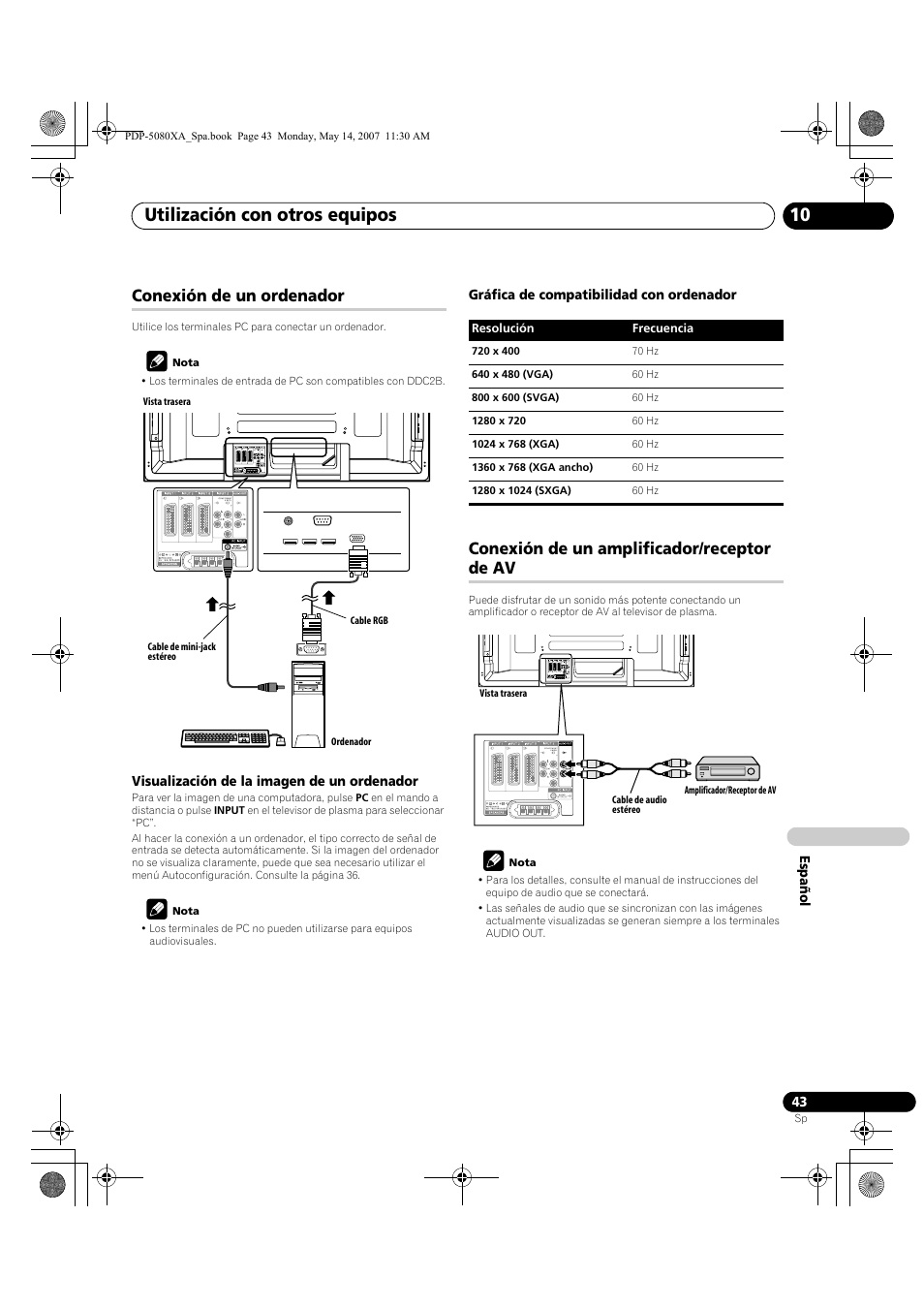 Utilización con otros equipos 10, Conexión de un ordenador, Conexión de un amplificador/receptor de av | Pioneer PDP-4280XA User Manual | Page 343 / 364