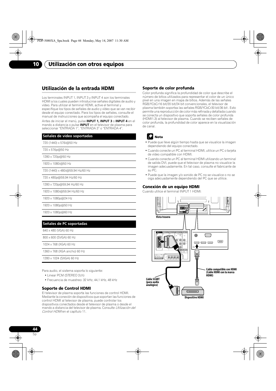 Utilización con otros equipos 10, Utilización de la entrada hdmi | Pioneer PDP-4280XA User Manual | Page 344 / 364