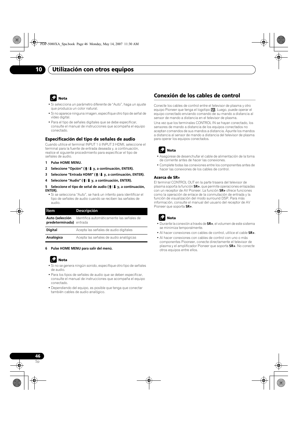 Utilización con otros equipos 10, Conexión de los cables de control | Pioneer PDP-4280XA User Manual | Page 346 / 364