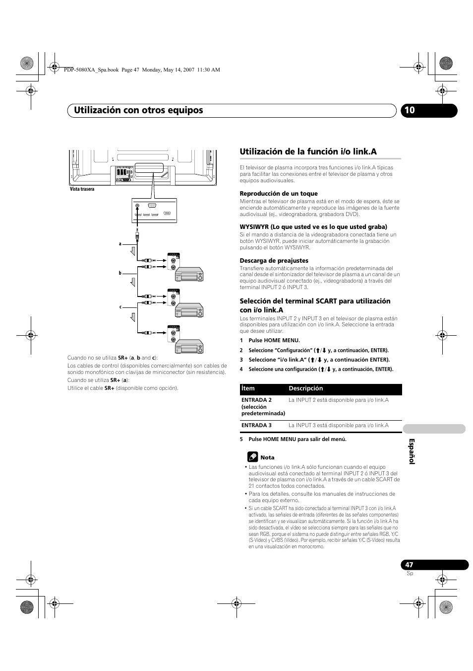 Utilización con otros equipos 10, Utilización de la función i/o link.a, Es pa ñol | Pioneer PDP-4280XA User Manual | Page 347 / 364