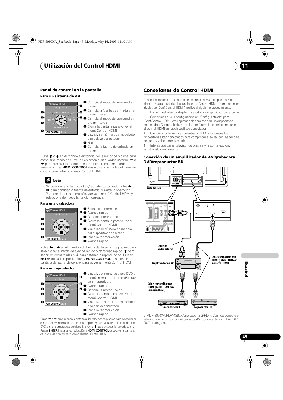 Utilización del control hdmi 11, Conexiones de control hdmi, Es pa ñol panel de control en la pantalla | Pioneer PDP-4280XA User Manual | Page 349 / 364