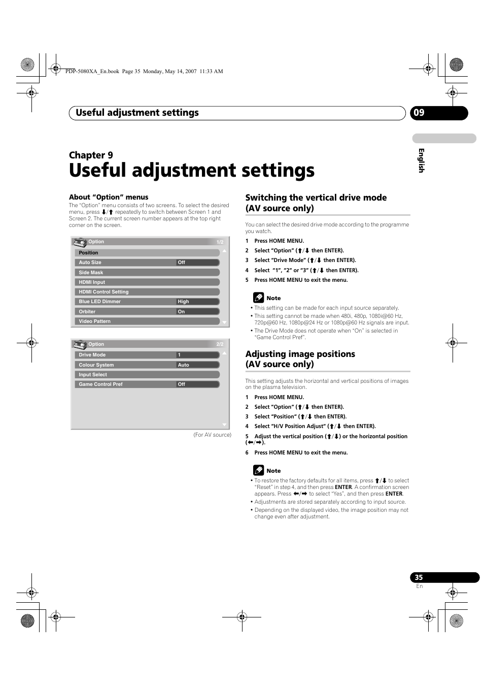 Useful adjustment settings, Useful adjustment settings 09, Chapter 9 | Switching the vertical drive mode (av source only), Adjusting image positions (av source only) | Pioneer PDP-4280XA User Manual | Page 35 / 364