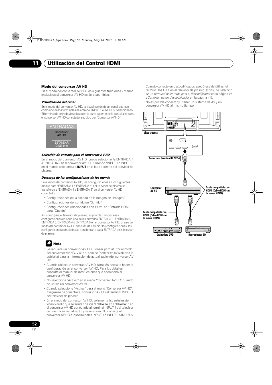 Utilización del control hdmi 11, Entrada3 | Pioneer PDP-4280XA User Manual | Page 352 / 364