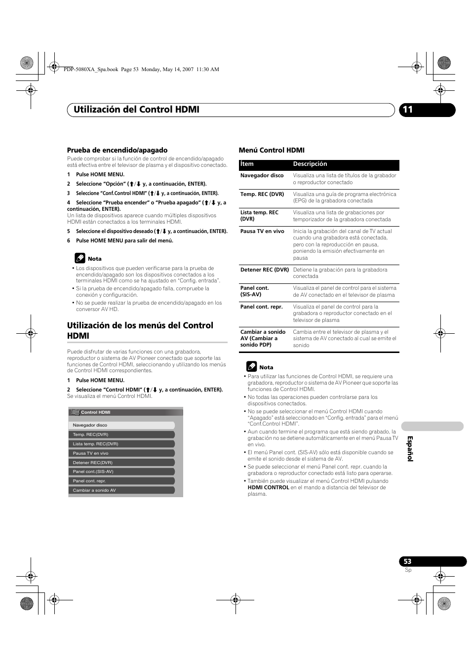 Utilización del control hdmi 11, Utilización de los menús del control hdmi | Pioneer PDP-4280XA User Manual | Page 353 / 364