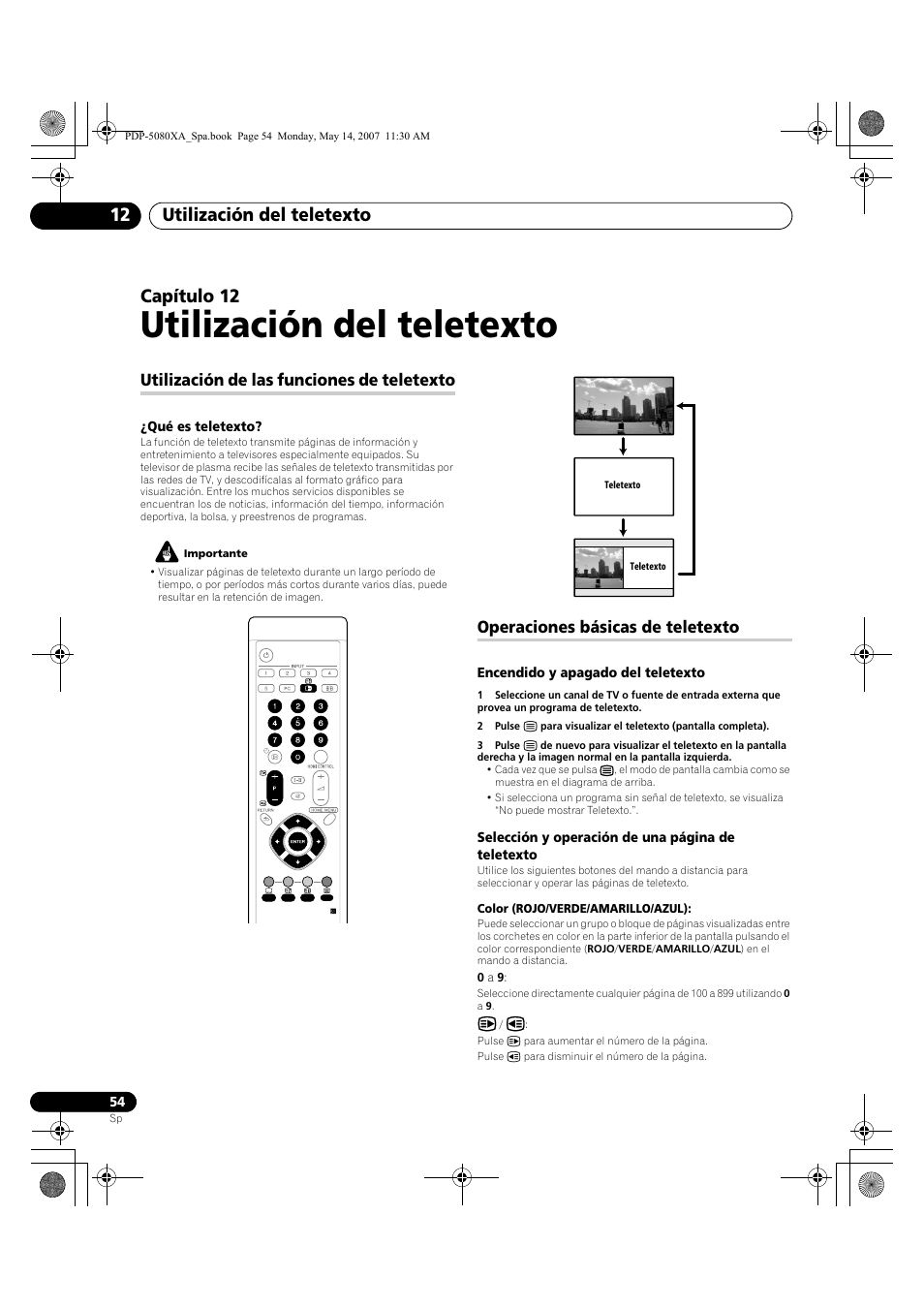 Utilización del teletexto, Utilización del teletexto 12, Capítulo 12 | Utilización de las funciones de teletexto, Operaciones básicas de teletexto | Pioneer PDP-4280XA User Manual | Page 354 / 364