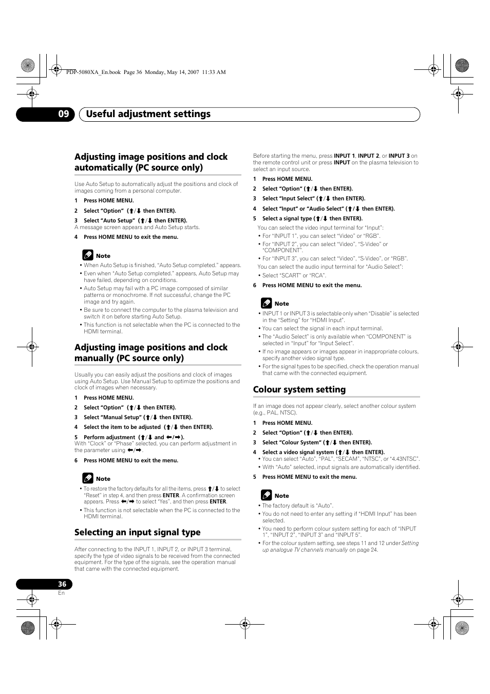 Useful adjustment settings 09, Selecting an input signal type, Colour system setting | Pioneer PDP-4280XA User Manual | Page 36 / 364