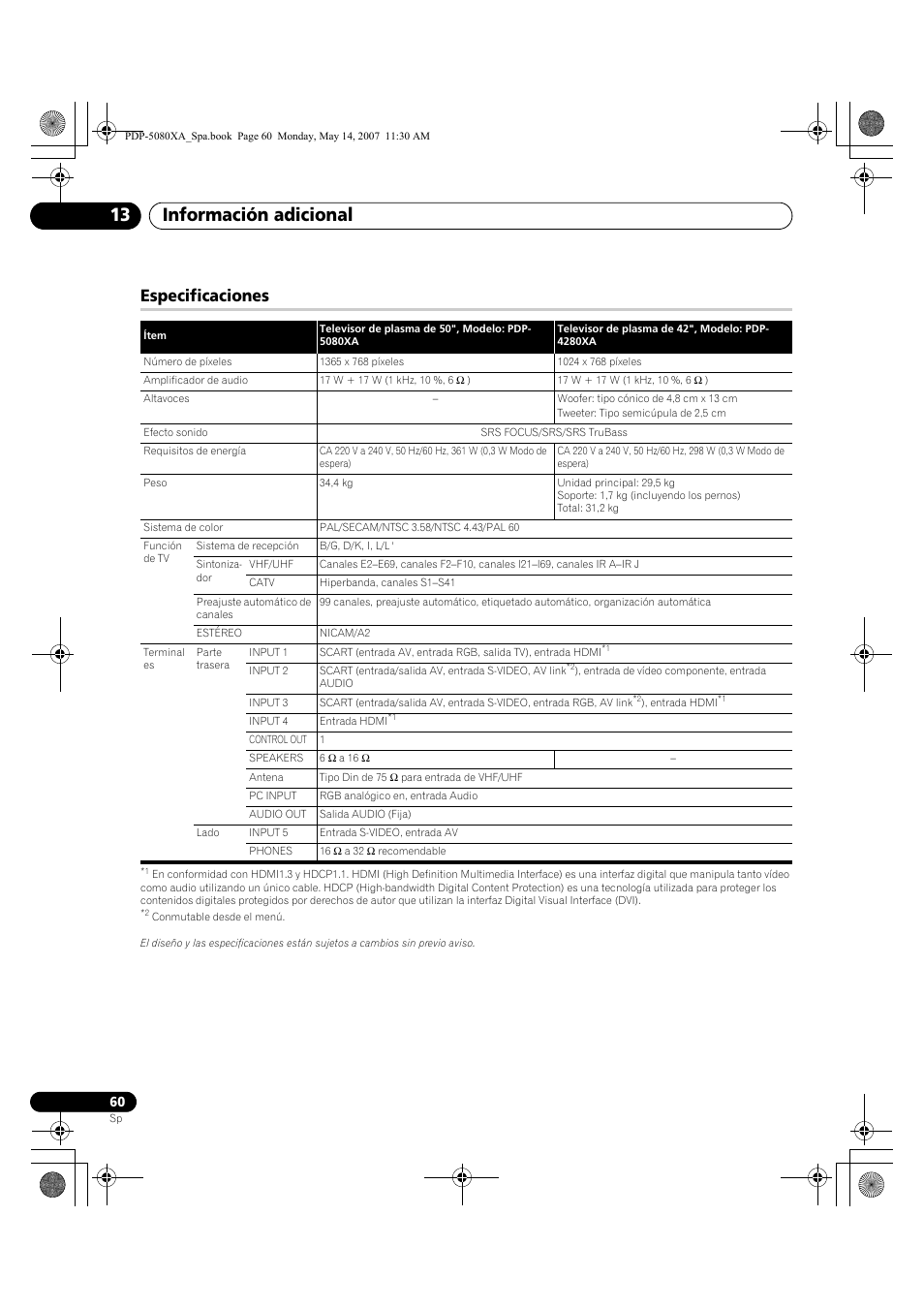 Información adicional 13, Especificaciones | Pioneer PDP-4280XA User Manual | Page 360 / 364