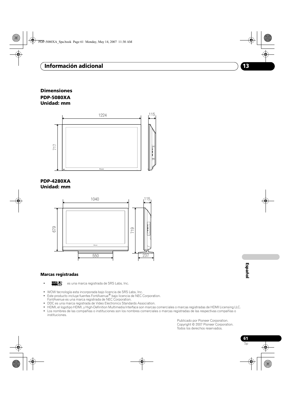 Información adicional 13 | Pioneer PDP-4280XA User Manual | Page 361 / 364