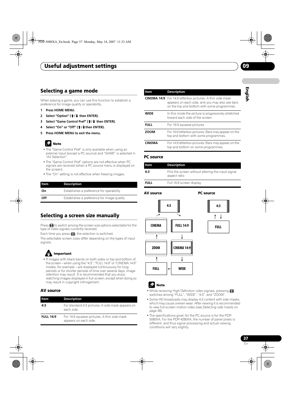 Useful adjustment settings 09, Selecting a game mode, Selecting a screen size manually | Pioneer PDP-4280XA User Manual | Page 37 / 364