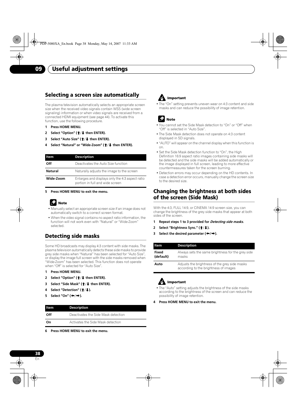 Useful adjustment settings 09, Selecting a screen size automatically, Detecting side masks | Pioneer PDP-4280XA User Manual | Page 38 / 364