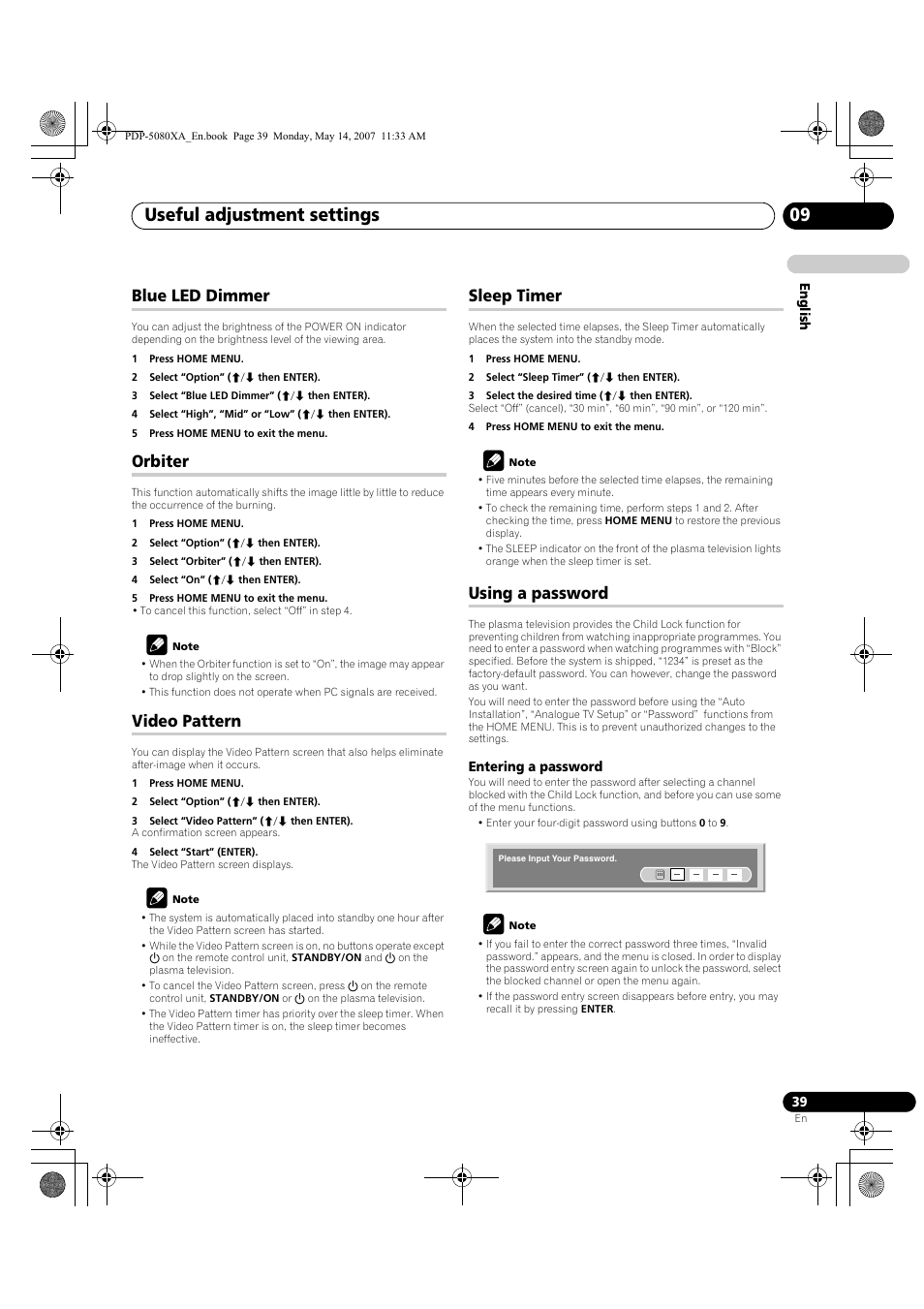 Useful adjustment settings 09, Blue led dimmer, Orbiter | Video pattern, Sleep timer, Using a password | Pioneer PDP-4280XA User Manual | Page 39 / 364