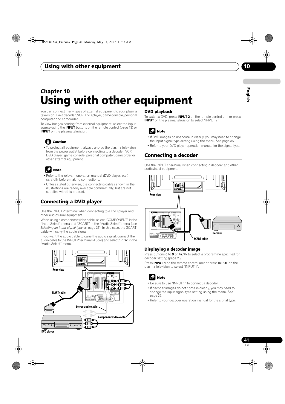 Using with other equipment, Using with other equipment 10, Chapter 10 | Connecting a dvd player, Connecting a decoder | Pioneer PDP-4280XA User Manual | Page 41 / 364