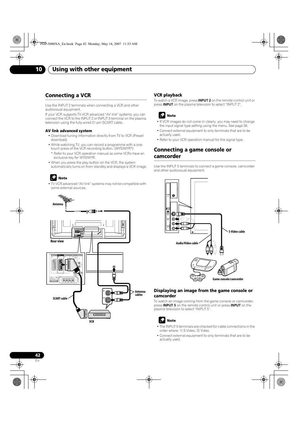 Using with other equipment 10, Connecting a vcr, Connecting a game console or camcorder | Pioneer PDP-4280XA User Manual | Page 42 / 364