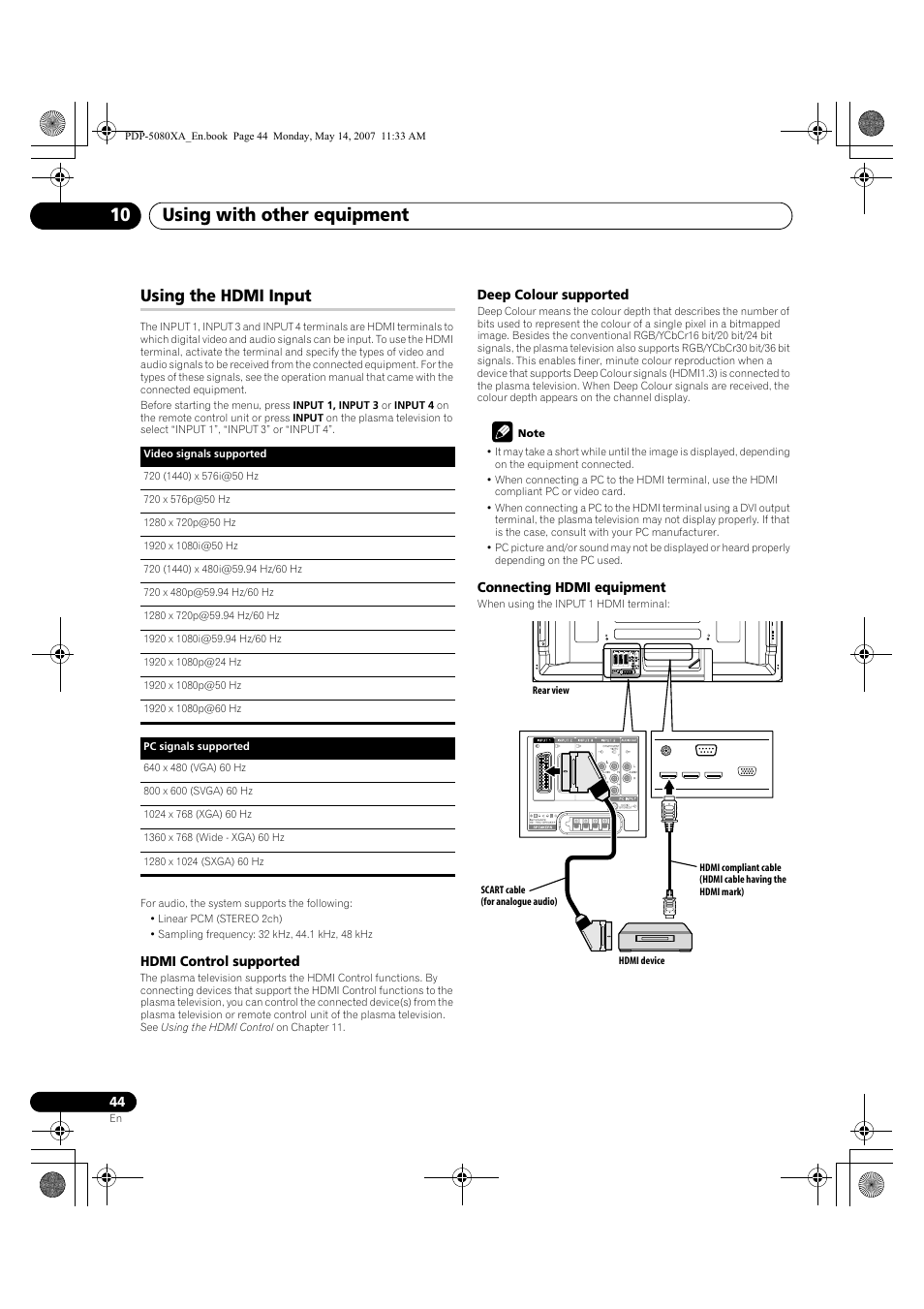 Using with other equipment 10, Using the hdmi input | Pioneer PDP-4280XA User Manual | Page 44 / 364