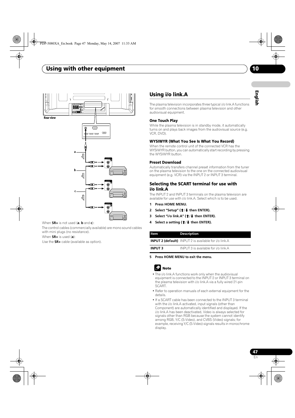 Using with other equipment 10, Using i/o link.a, English | Pioneer PDP-4280XA User Manual | Page 47 / 364