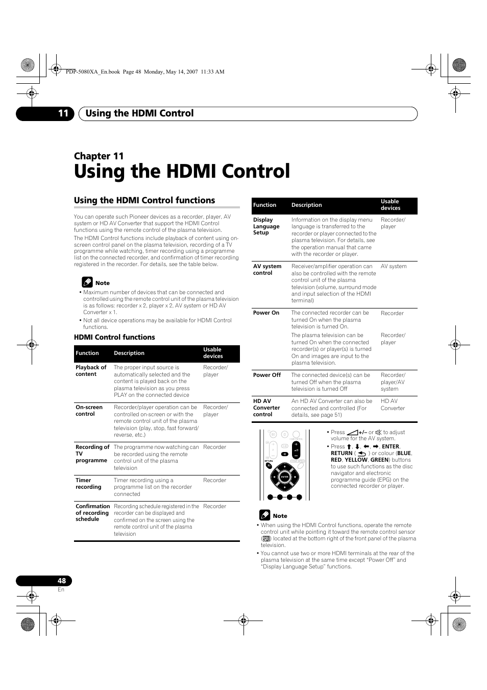 Using the hdmi control, Using the hdmi control 11, Chapter 11 | Using the hdmi control functions | Pioneer PDP-4280XA User Manual | Page 48 / 364