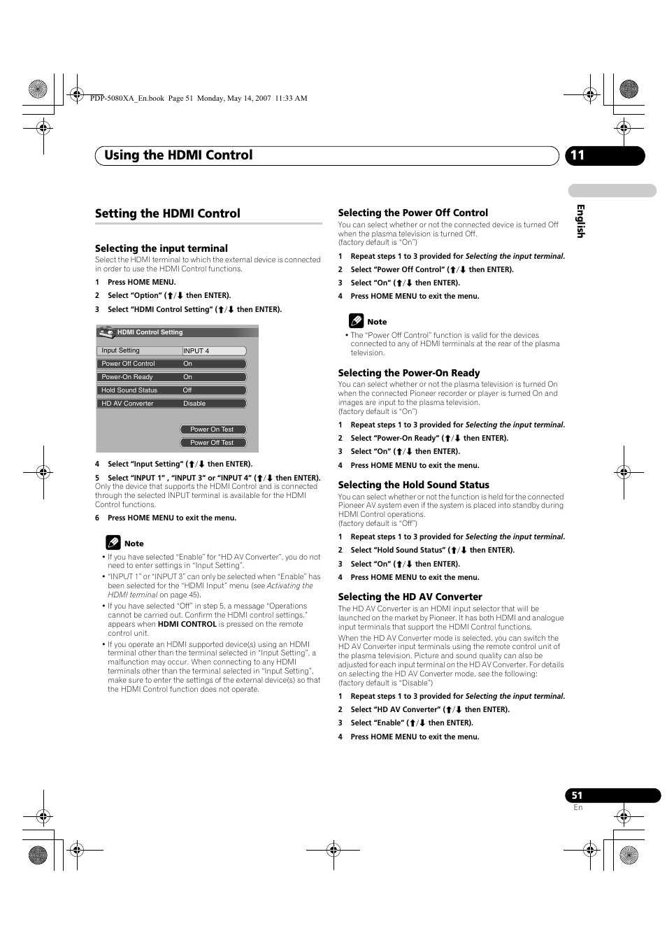 Using the hdmi control 11, Setting the hdmi control | Pioneer PDP-4280XA User Manual | Page 51 / 364