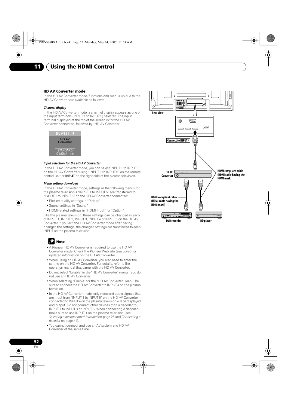 Using the hdmi control 11, Input 3 | Pioneer PDP-4280XA User Manual | Page 52 / 364