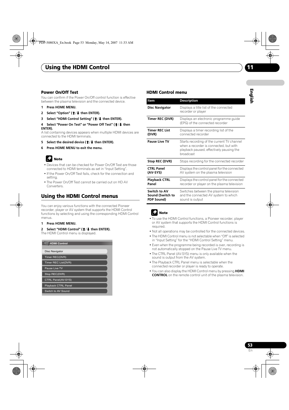 Using the hdmi control 11, Using the hdmi control menus | Pioneer PDP-4280XA User Manual | Page 53 / 364