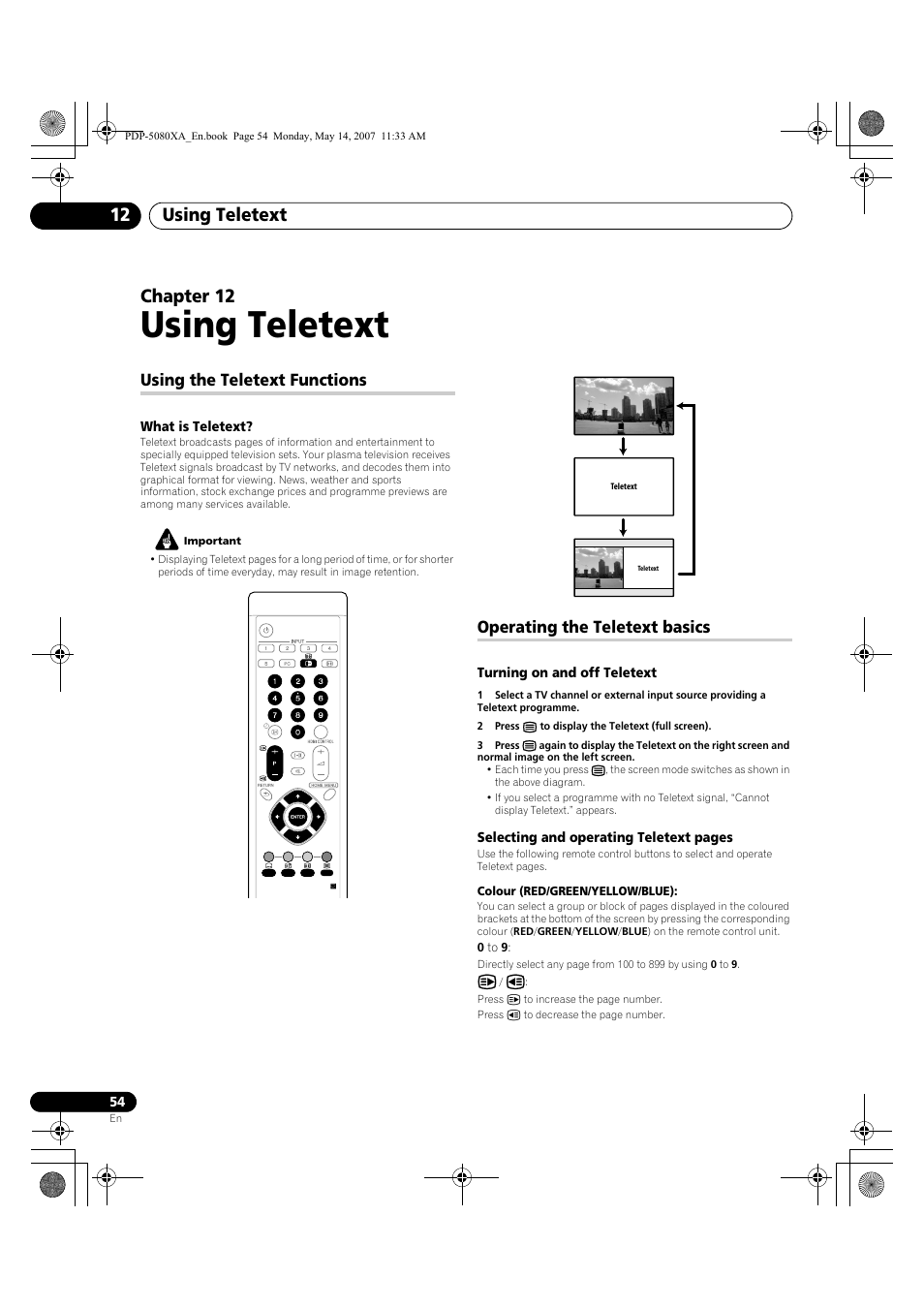 Using teletext, Using teletext 12, Chapter 12 | Using the teletext functions, Operating the teletext basics | Pioneer PDP-4280XA User Manual | Page 54 / 364