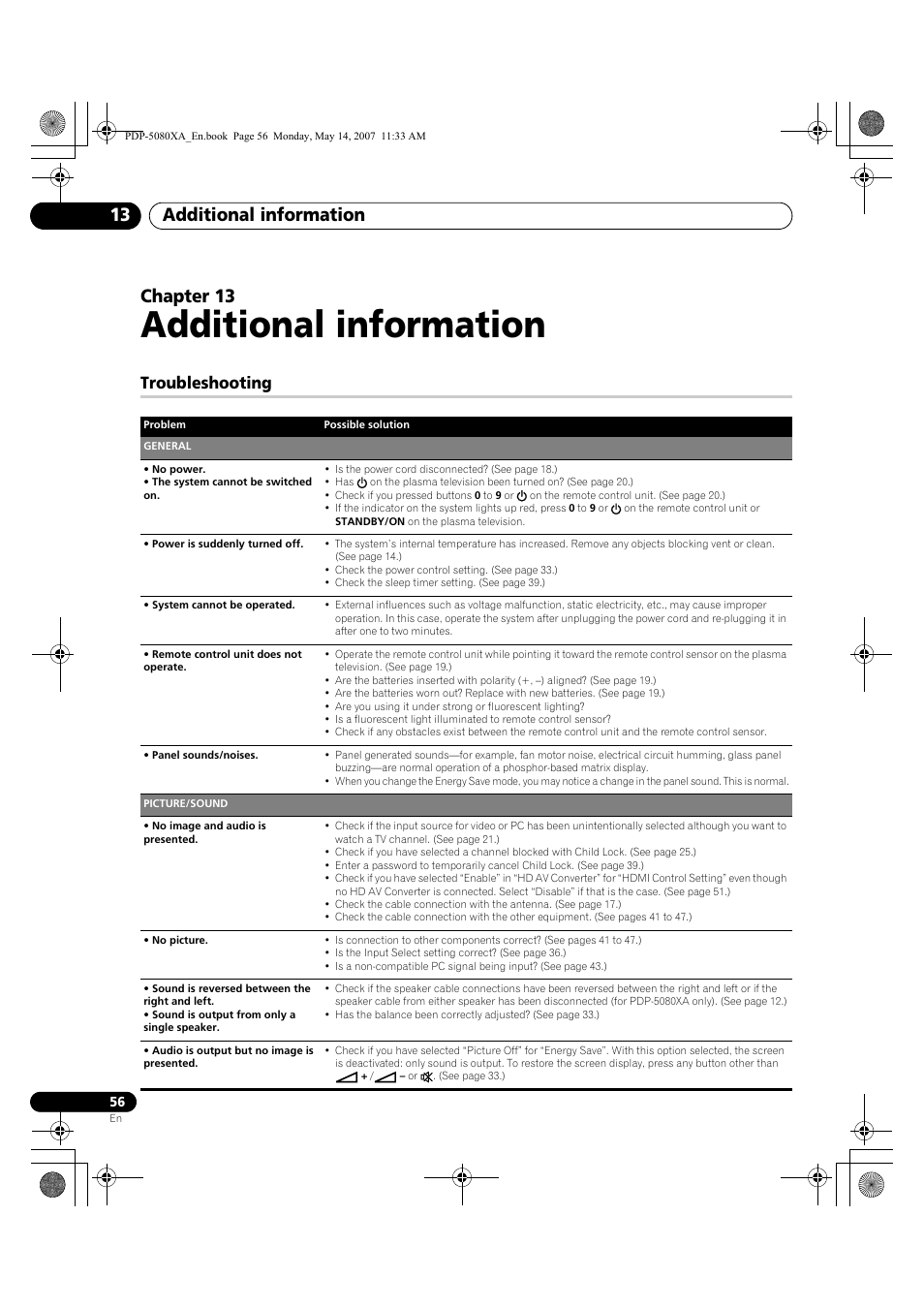 Additional information, Additional information 13, Chapter 13 | Troubleshooting | Pioneer PDP-4280XA User Manual | Page 56 / 364