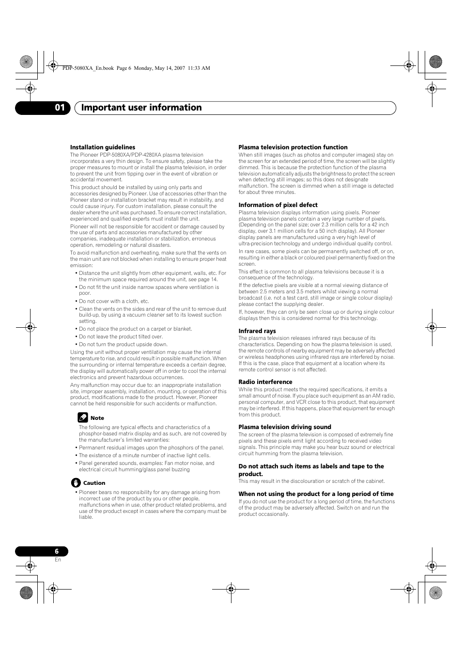 Important user information 01 | Pioneer PDP-4280XA User Manual | Page 6 / 364