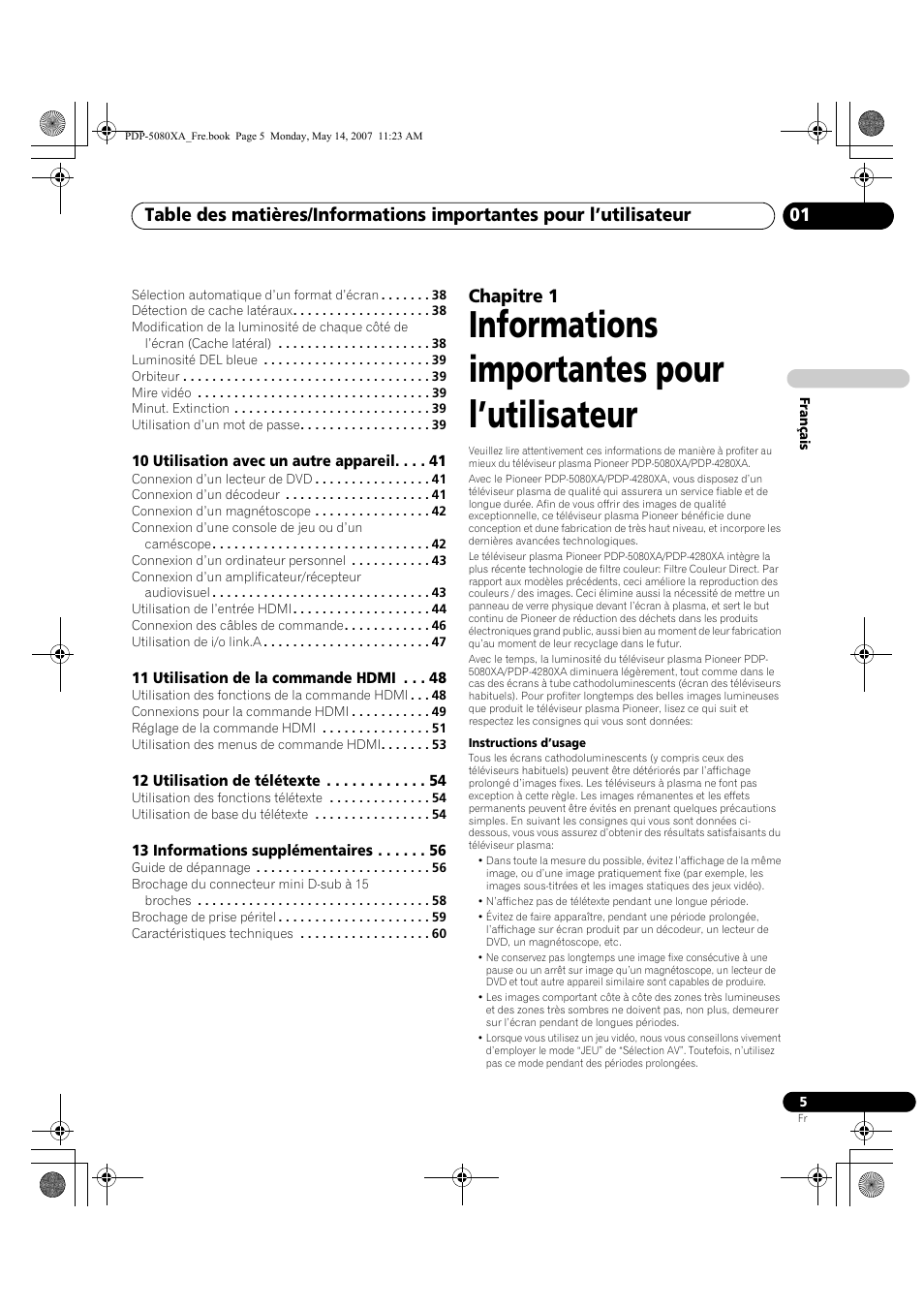 Informations importantes pour l’utilisateur, Chapitre 1 | Pioneer PDP-4280XA User Manual | Page 65 / 364
