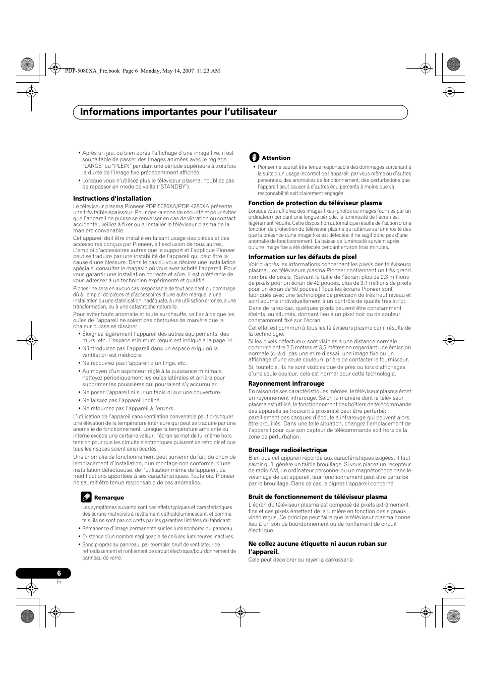 Informations importantes pour l’utilisateur | Pioneer PDP-4280XA User Manual | Page 66 / 364