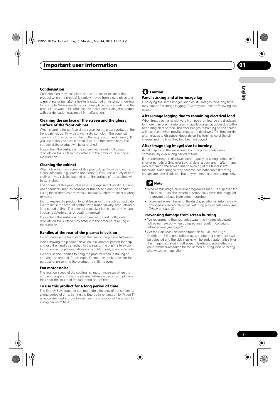 Important user information 01 | Pioneer PDP-4280XA User Manual | Page 7 / 364