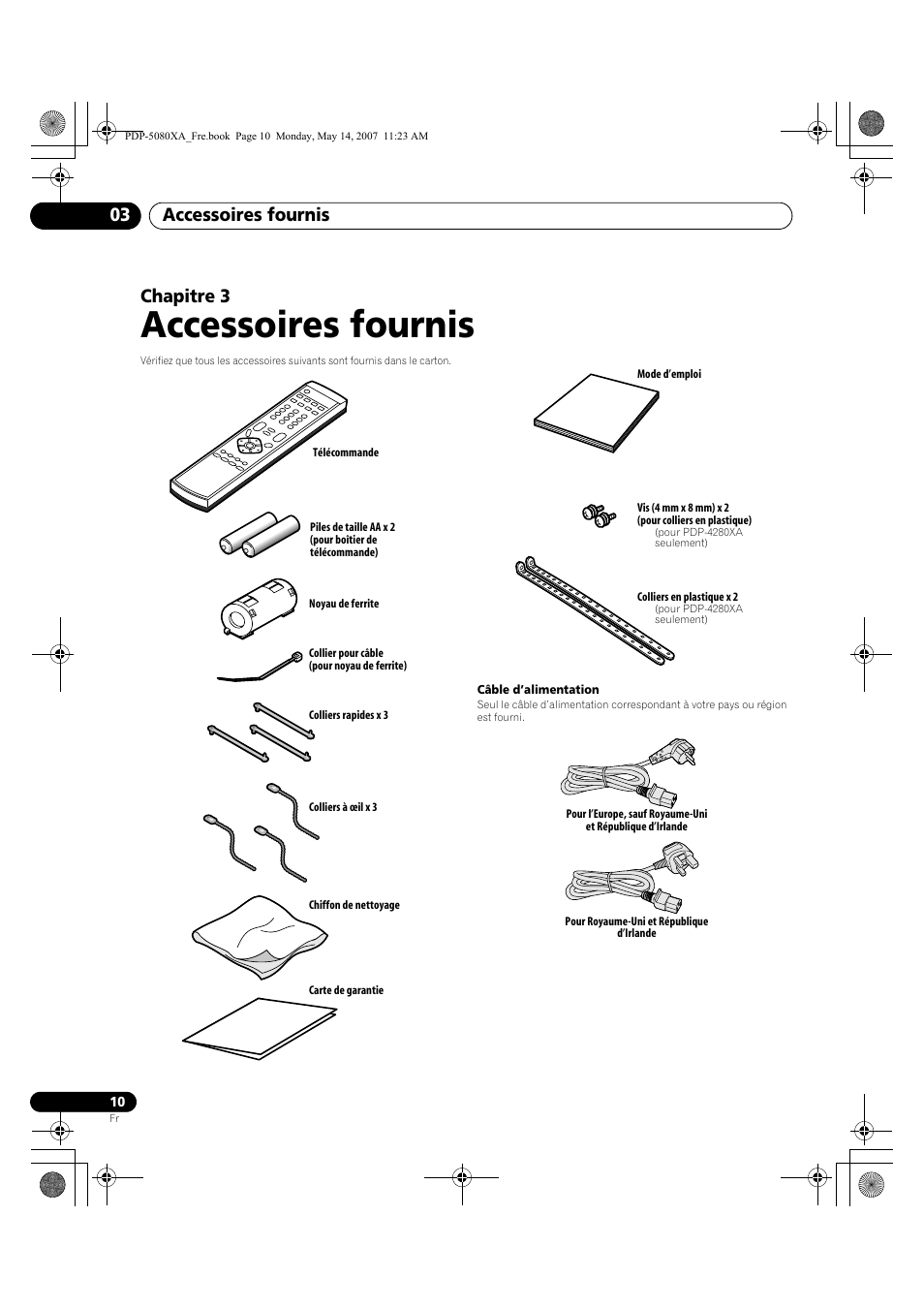 Accessoires fournis, Accessoires fournis 03, Chapitre 3 | Pioneer PDP-4280XA User Manual | Page 70 / 364