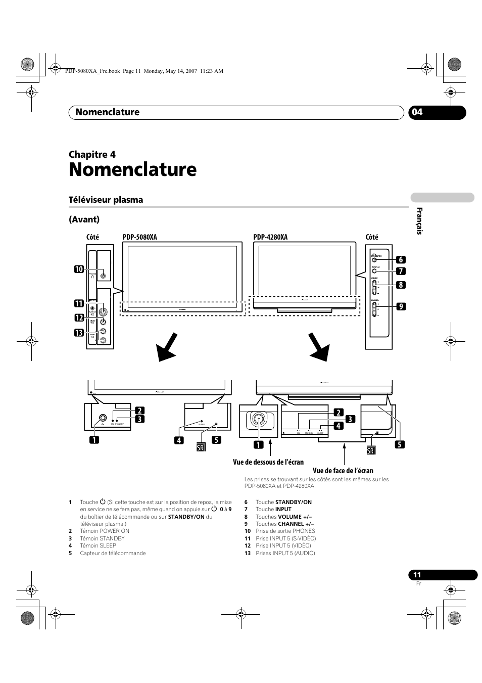 Nomenclature, Nomenclature 04, Chapitre 4 | Téléviseur plasma (avant) | Pioneer PDP-4280XA User Manual | Page 71 / 364