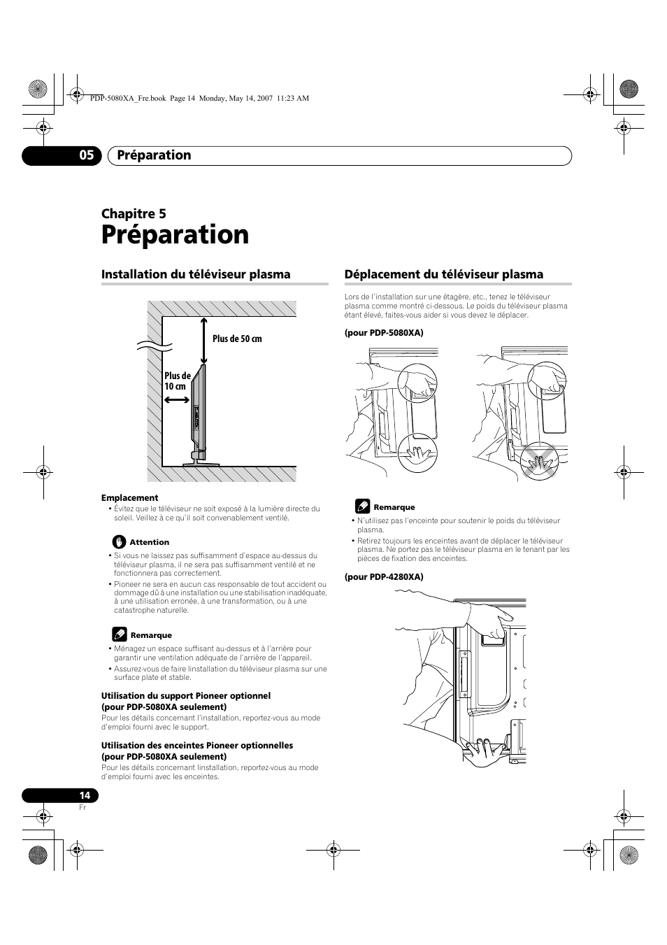 Préparation, Préparation 05, Chapitre 5 | Installation du téléviseur plasma, Déplacement du téléviseur plasma | Pioneer PDP-4280XA User Manual | Page 74 / 364