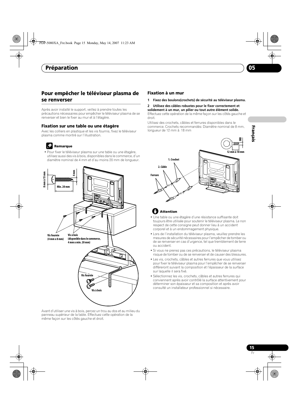 Préparation 05, Pour empêcher le téléviseur plasma de se renverser | Pioneer PDP-4280XA User Manual | Page 75 / 364