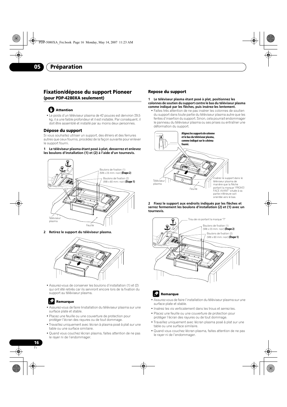 Préparation 05, Fixation/dépose du support pioneer, Pour pdp-4280xa seulement) | Dépose du support, Repose du support | Pioneer PDP-4280XA User Manual | Page 76 / 364