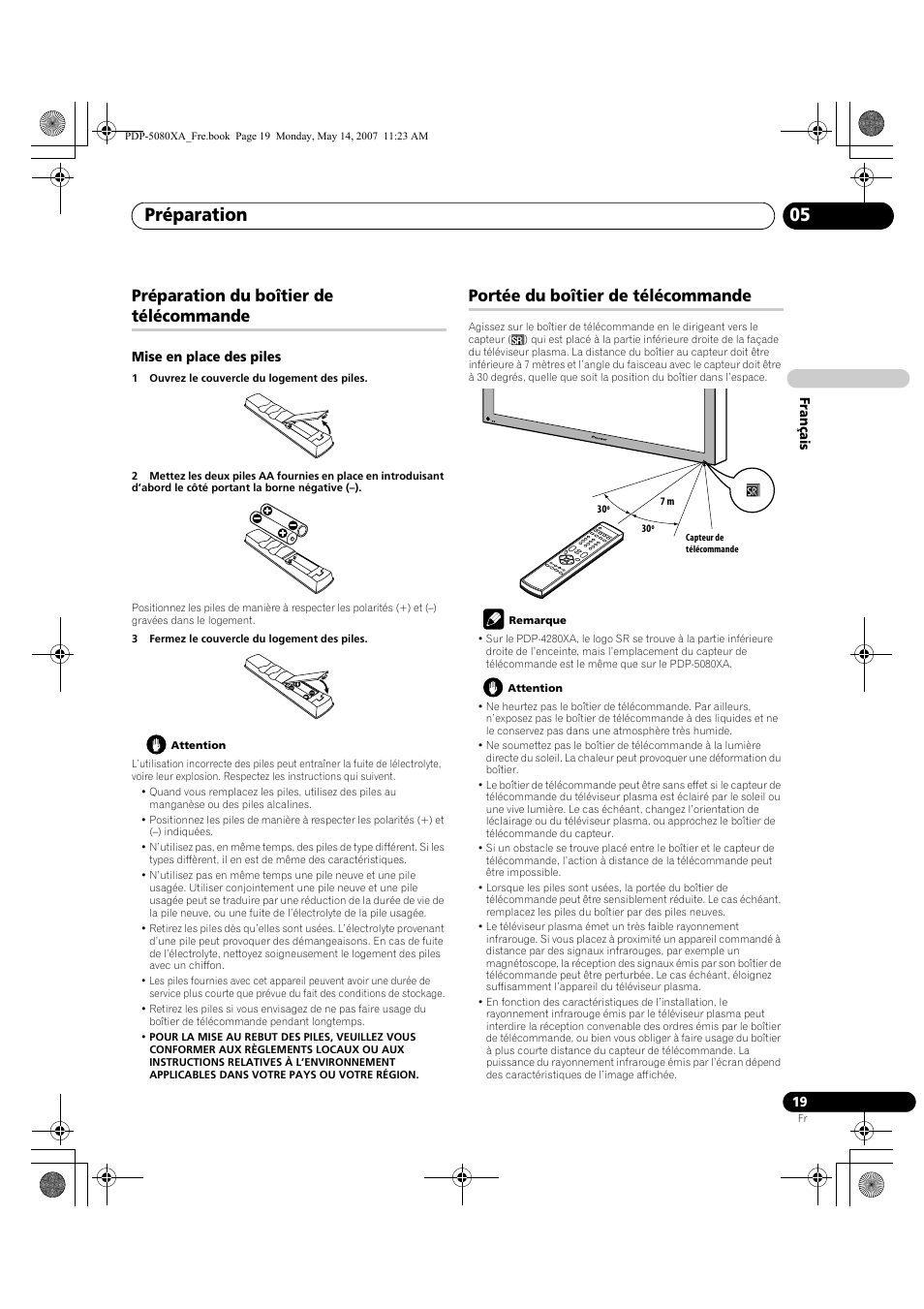 Préparation 05, Préparation du boîtier de télécommande, Portée du boîtier de télécommande | Pioneer PDP-4280XA User Manual | Page 79 / 364