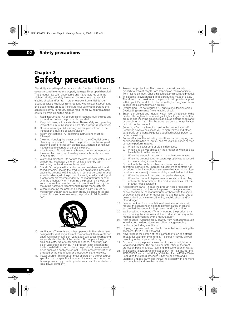 Safety precautions, Safety precautions 02, Chapter 2 | Pioneer PDP-4280XA User Manual | Page 8 / 364