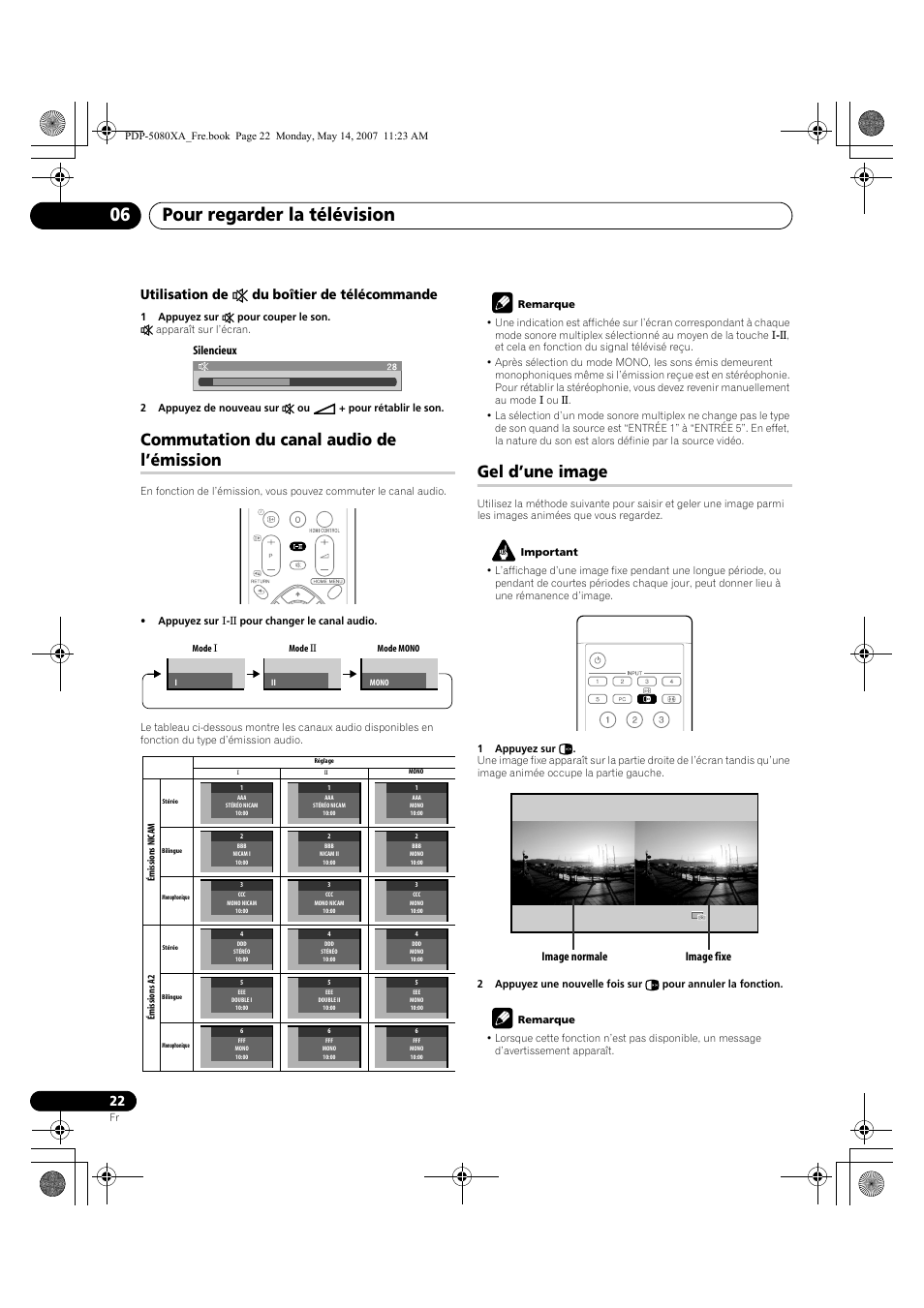 Pour regarder la télévision 06, Commutation du canal audio de l’émission, Gel d’une image | Utilisation de e du boîtier de télécommande, Muting silencieux, Normal image still image image normale image fixe | Pioneer PDP-4280XA User Manual | Page 82 / 364