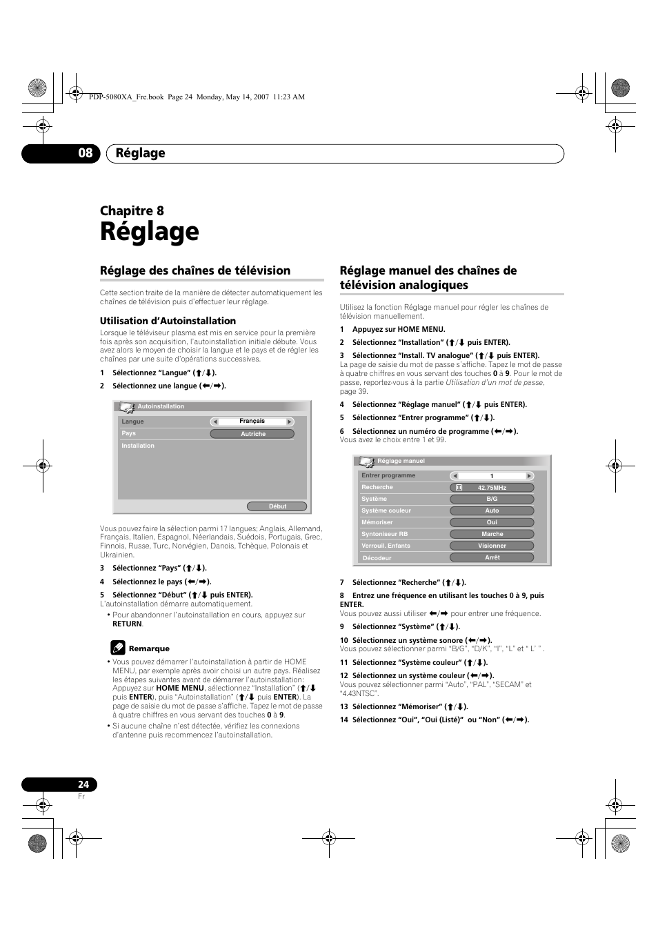 Réglage, Réglage 08, Chapitre 8 | Réglage des chaînes de télévision | Pioneer PDP-4280XA User Manual | Page 84 / 364