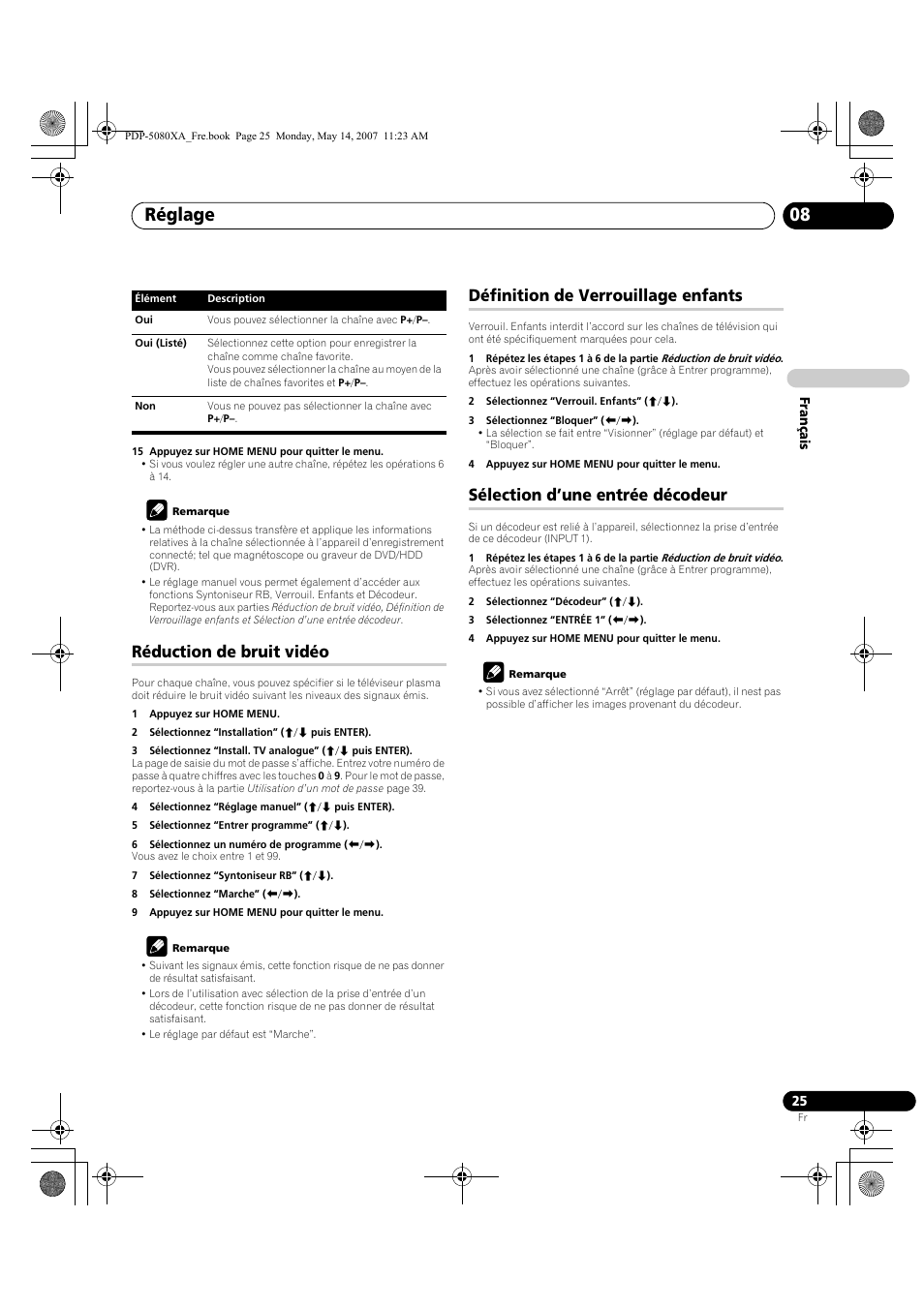 Réglage 08, Réduction de bruit vidéo, Définition de verrouillage enfants | Sélection d’une entrée décodeur | Pioneer PDP-4280XA User Manual | Page 85 / 364