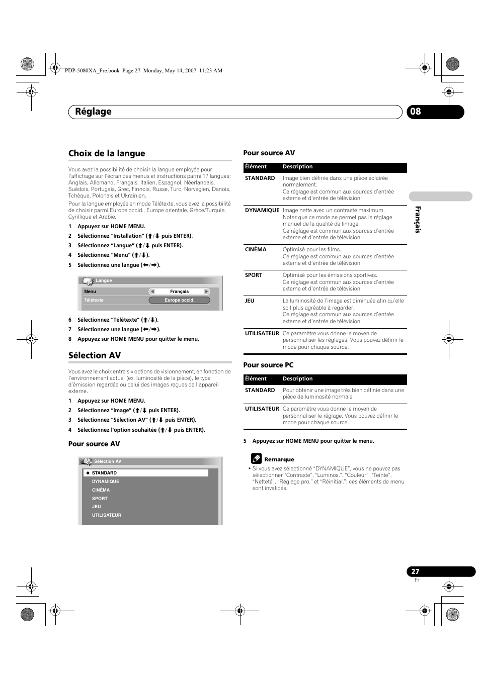 Réglage 08, Choix de la langue, Sélection av | Pioneer PDP-4280XA User Manual | Page 87 / 364