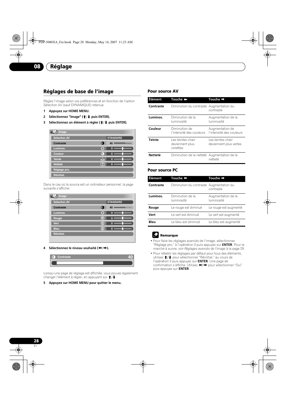 Réglage 08, Réglages de base de l’image, Pour source av pour source pc | Pioneer PDP-4280XA User Manual | Page 88 / 364