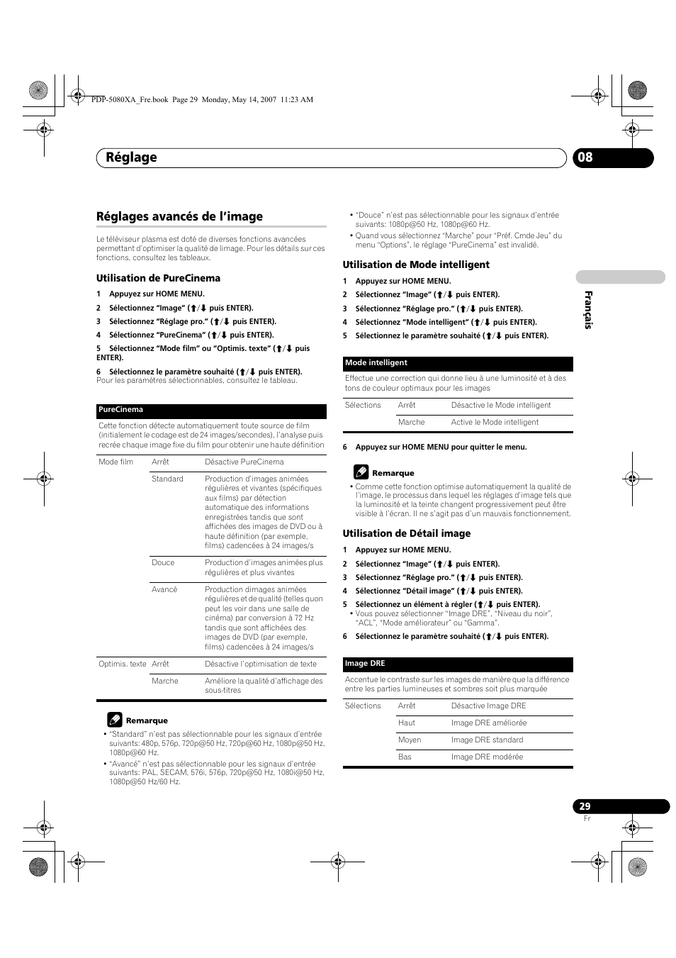 Réglage 08, Réglages avancés de l’image | Pioneer PDP-4280XA User Manual | Page 89 / 364