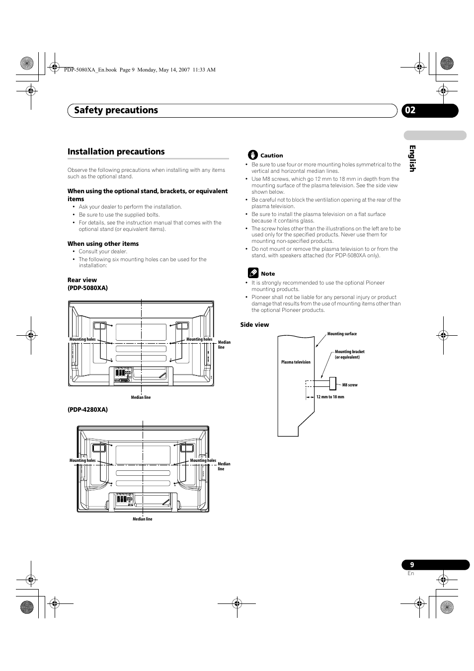 Safety precautions 02, Installation precautions, English | Pioneer PDP-4280XA User Manual | Page 9 / 364