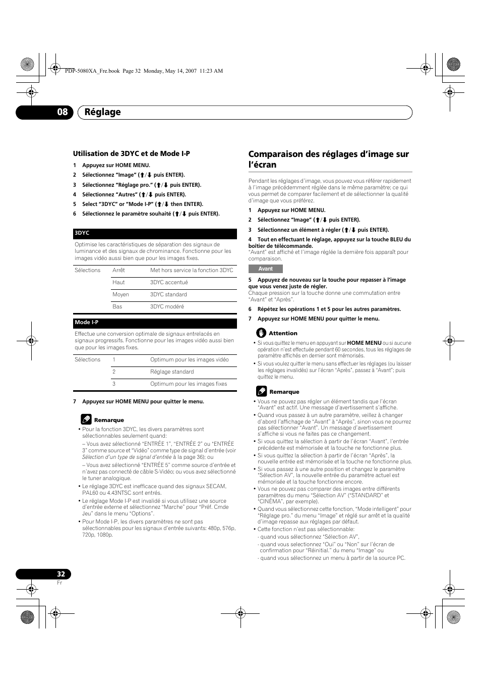 Réglage 08, Comparaison des réglages d’image sur l’écran | Pioneer PDP-4280XA User Manual | Page 92 / 364